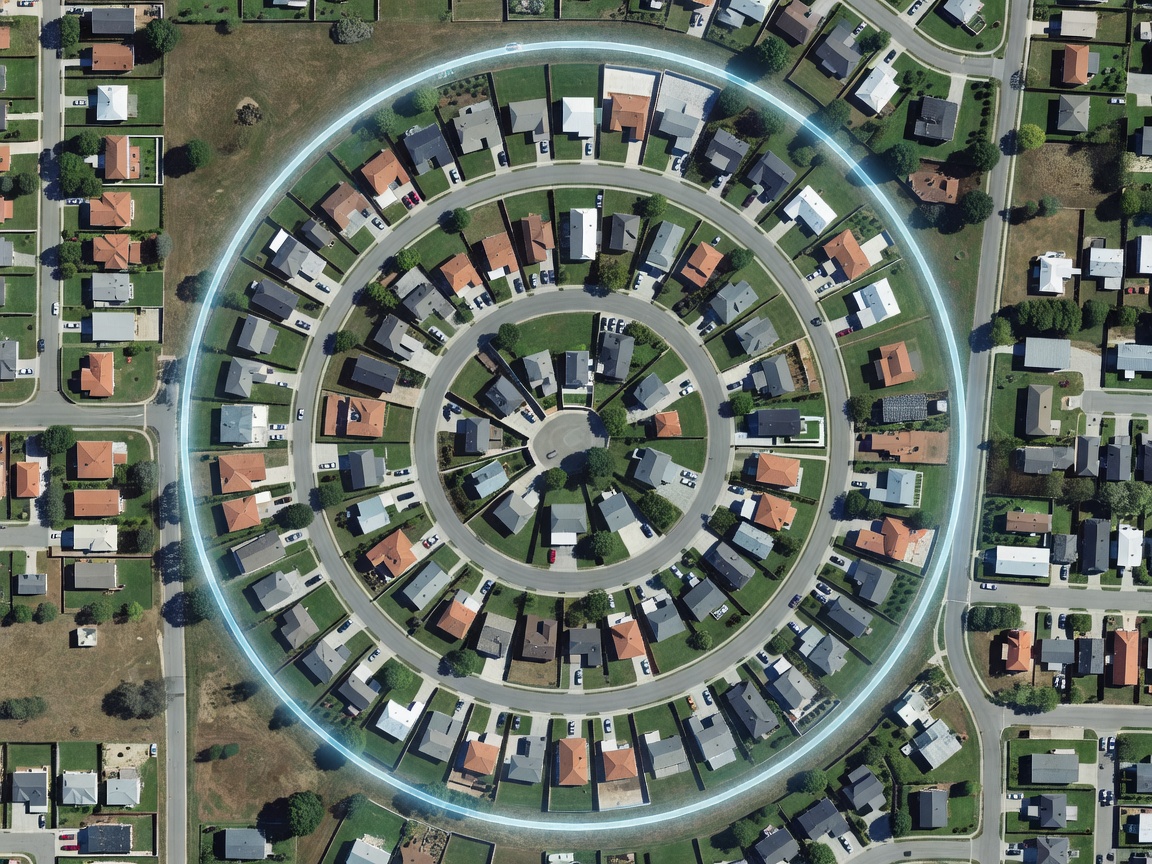 Aerial map view illustrating a circular geofenced boundary around a residential neighborhood