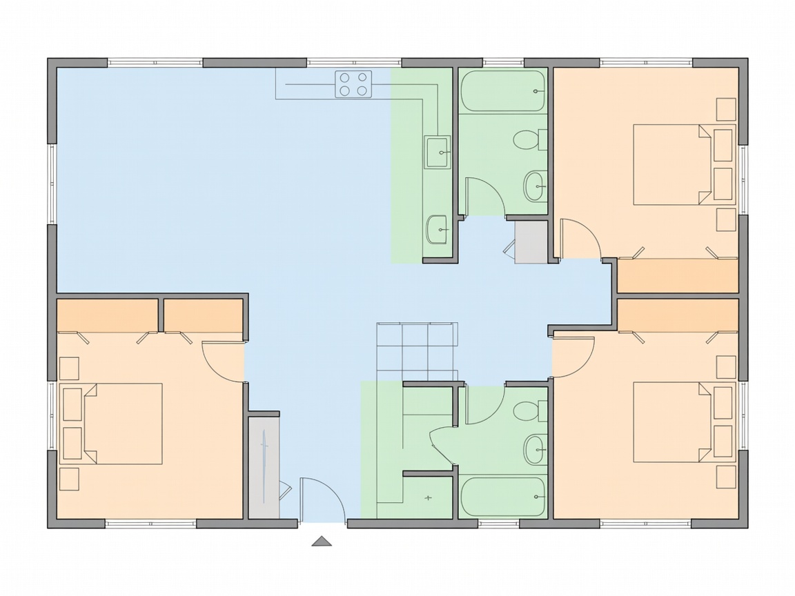 Architectural floor plan showing different temperature zones highlighted in a home