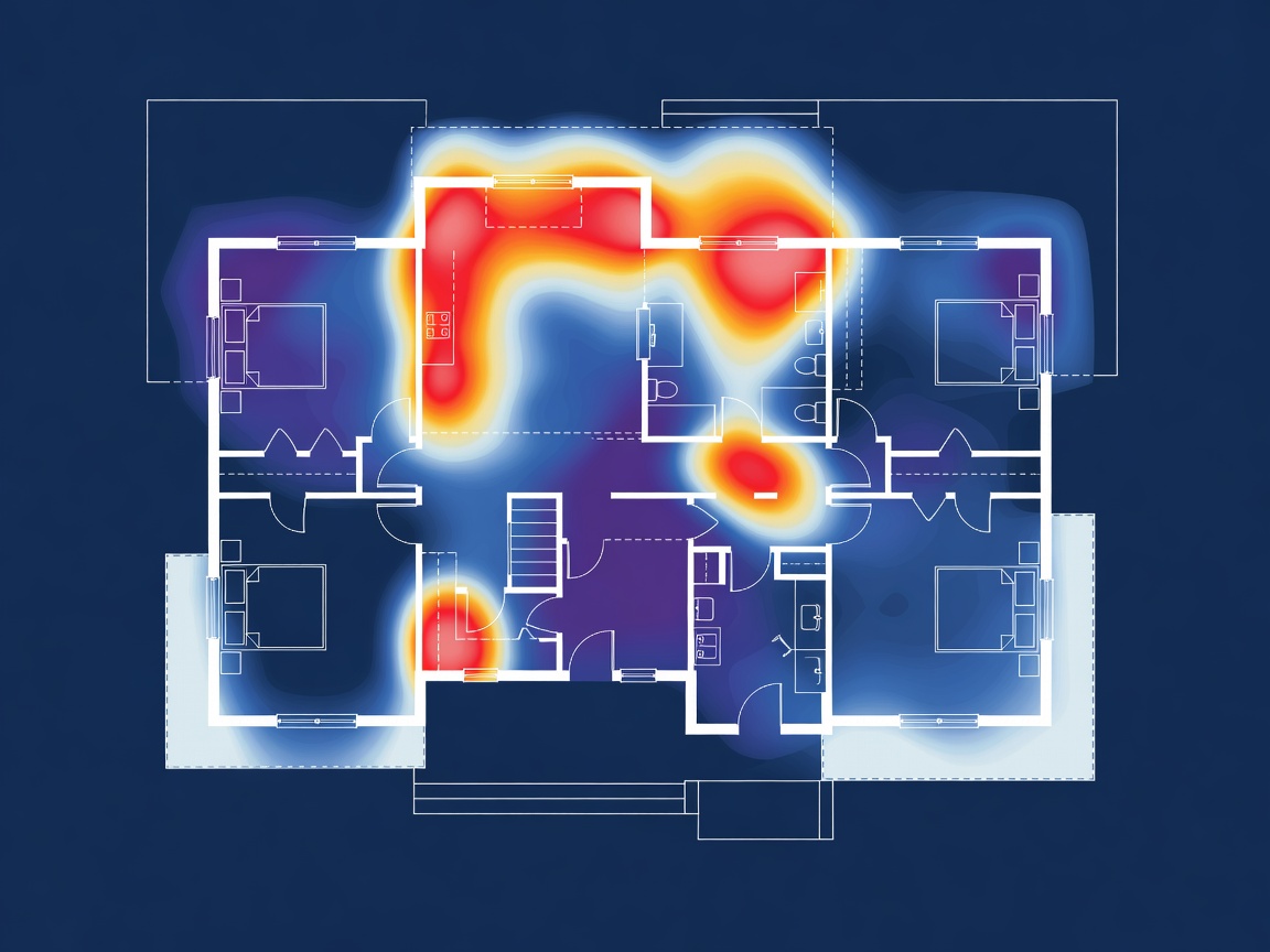 Blueprint of a home with thermal overlay highlighting multiple different temperature zones