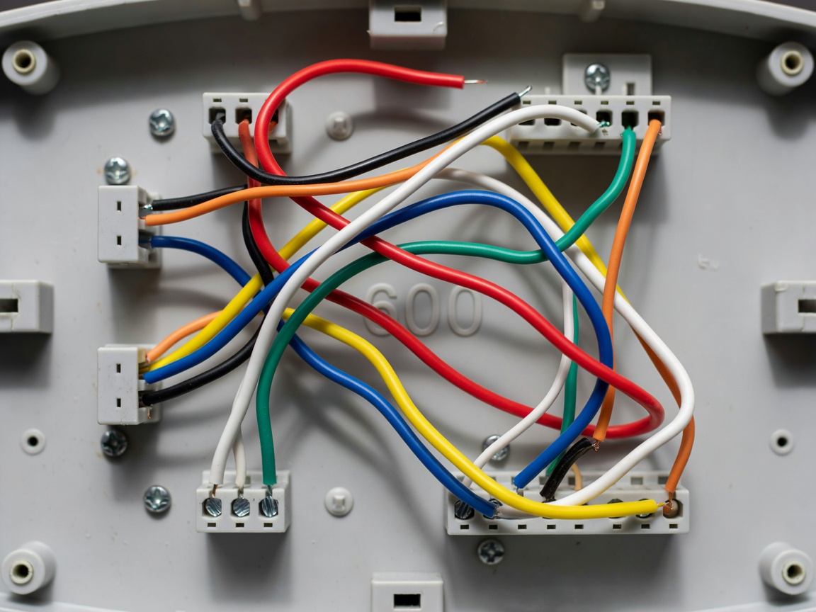 Close up view of thermostat wiring panel showing multiple colored wires