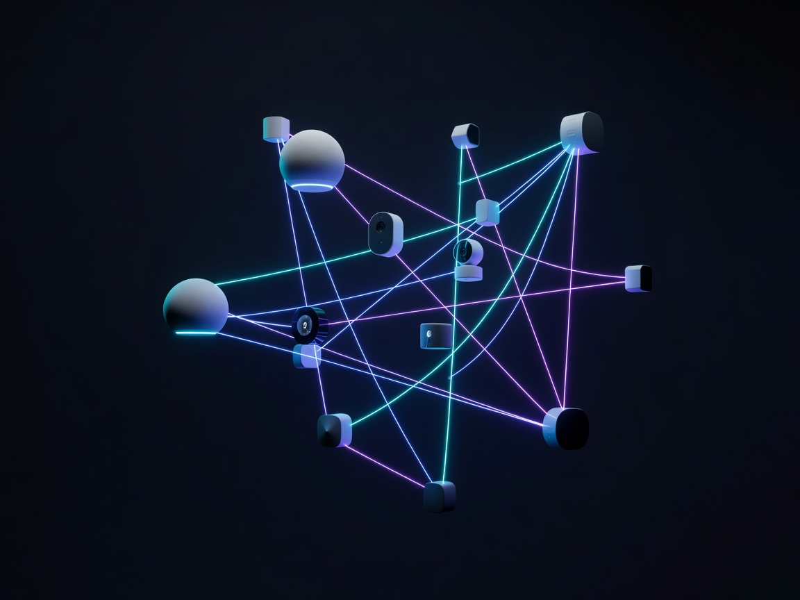 Conceptual art of floating smart home devices connected by glowing neon lines