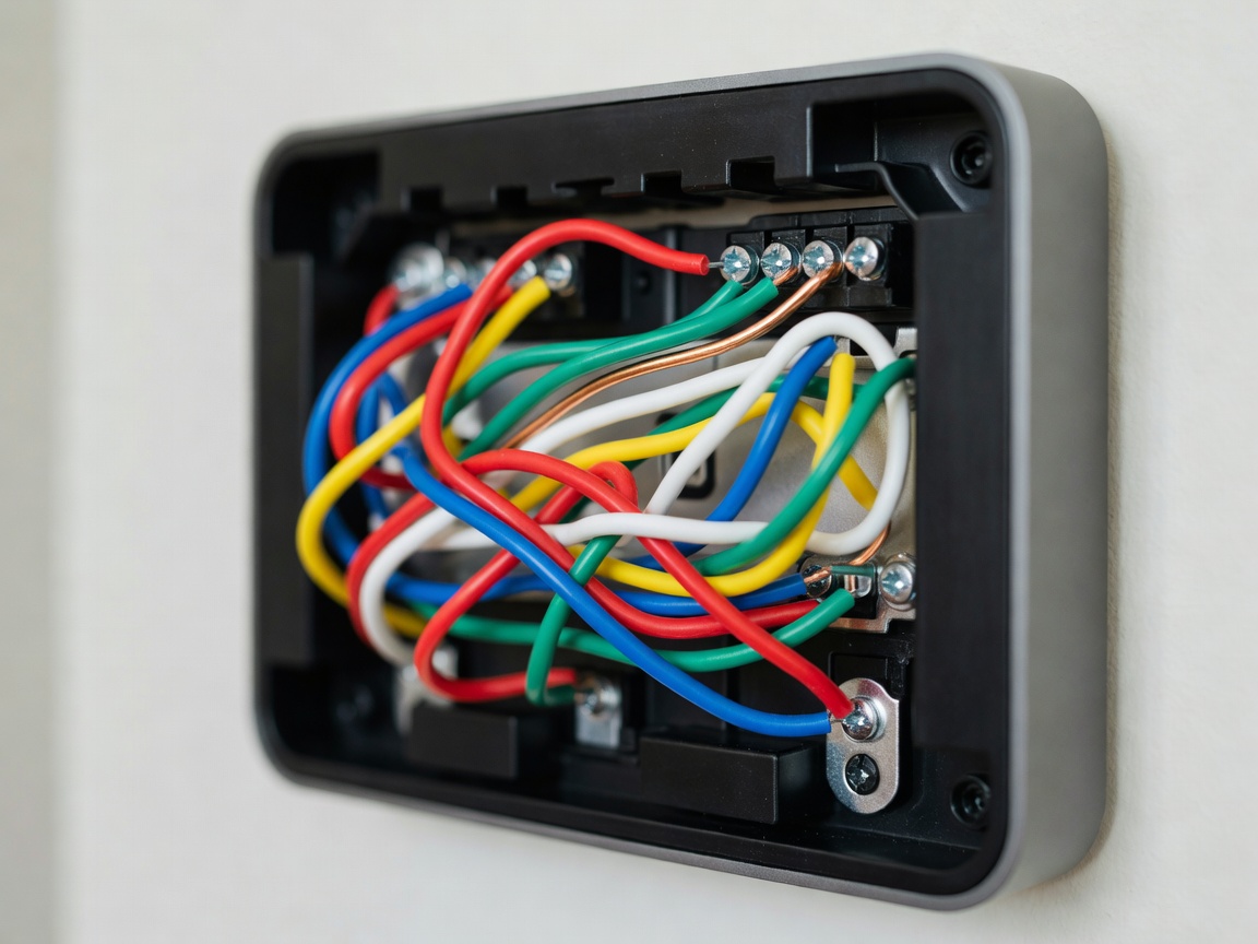 Detailed close-up of colorful HVAC wires connected to a modern thermostat backplate