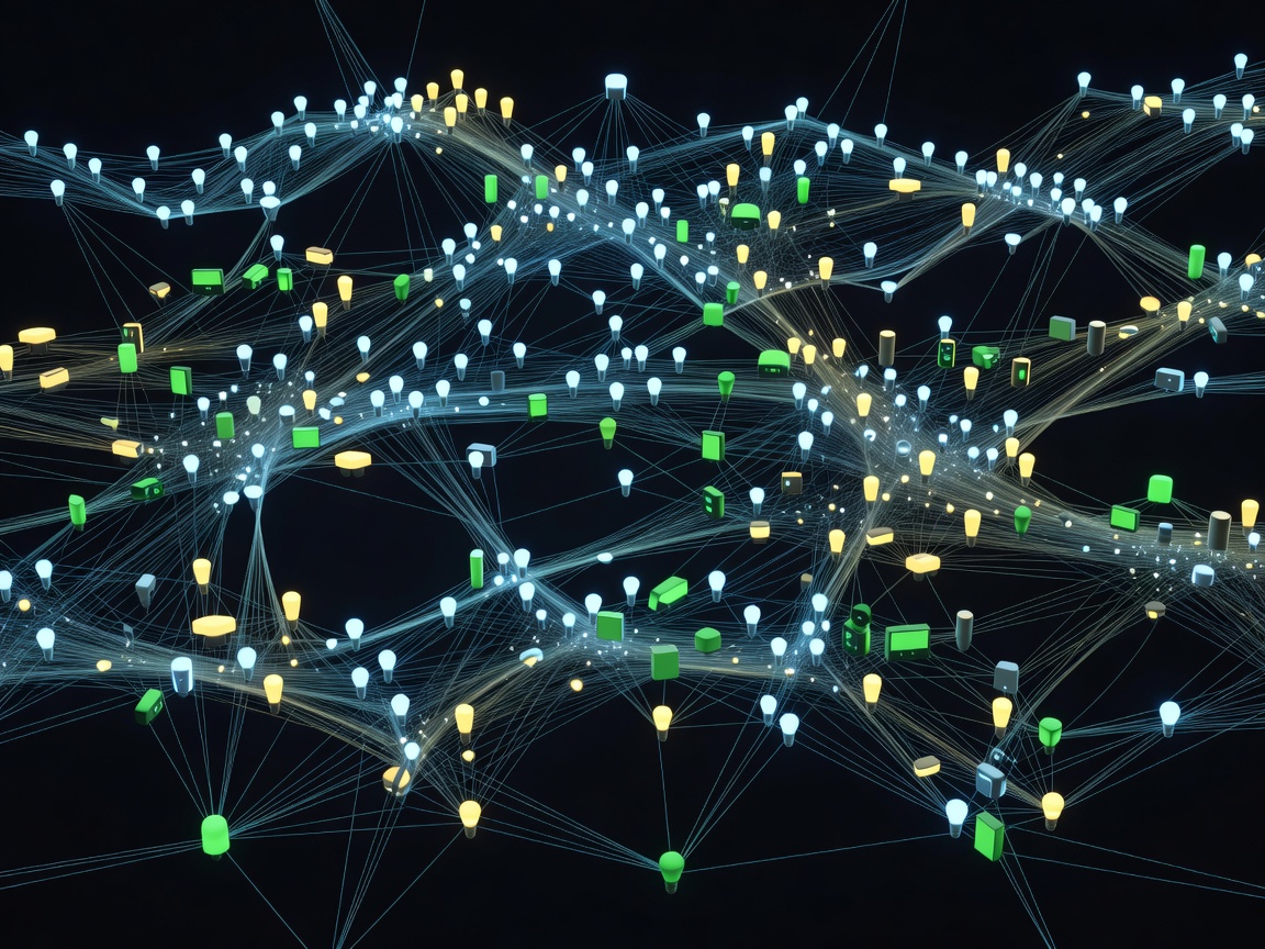 Digital interconnected node network representing smart home devices communicating