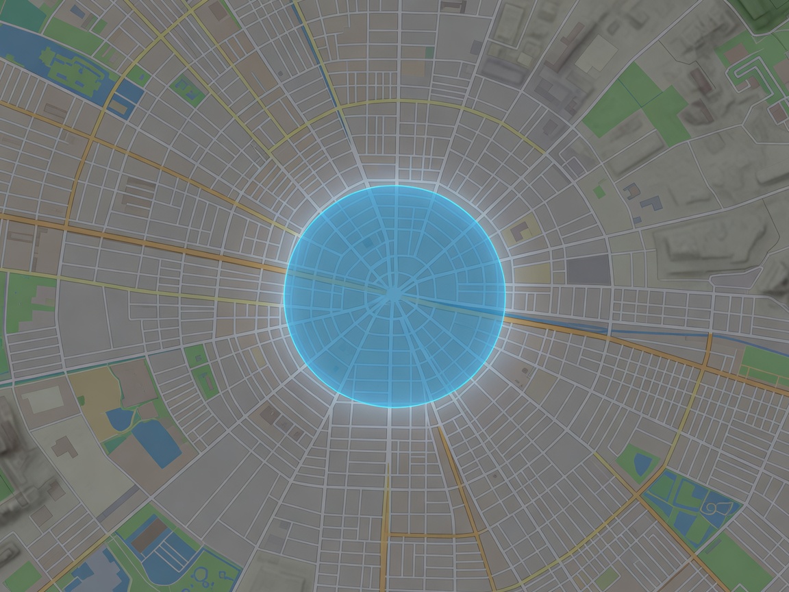 Digital map display with a glowing radius circle indicating a geofenced area