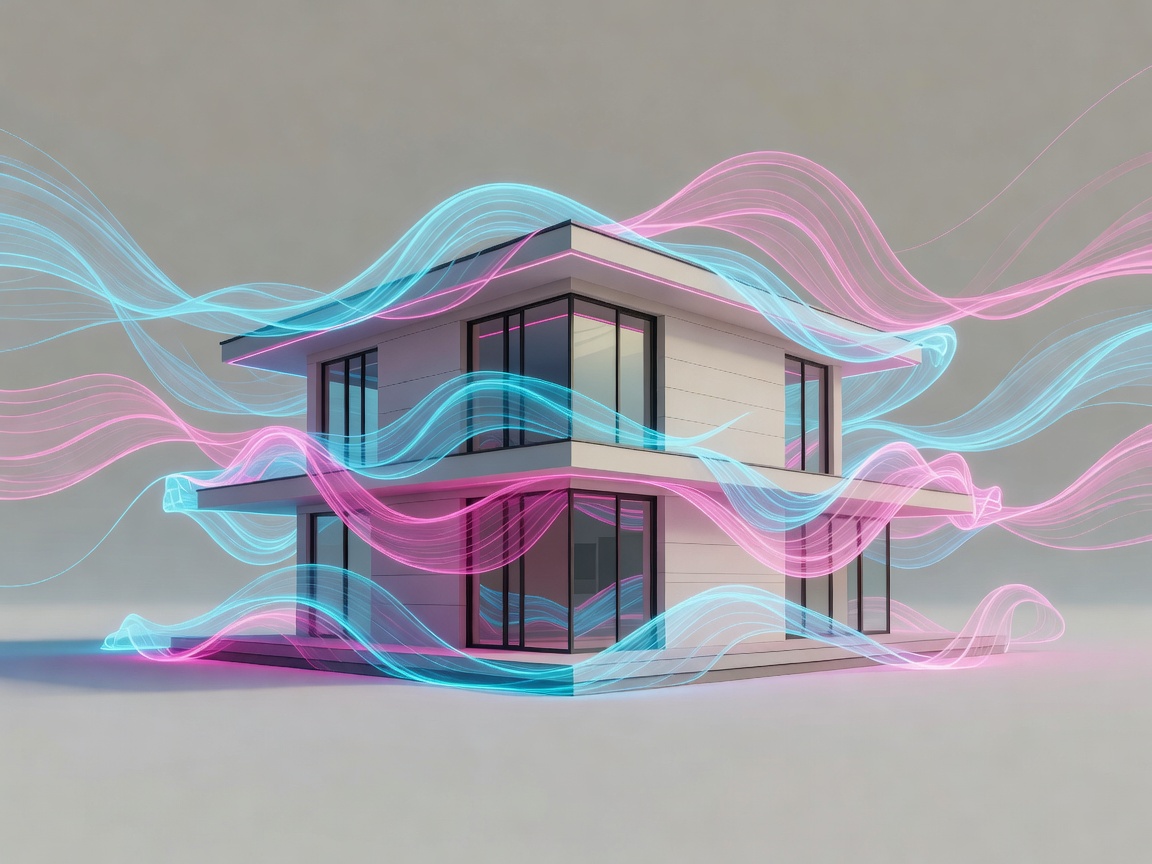 Graphic rendering of a residential home with energy waves flowing around the structural envelope